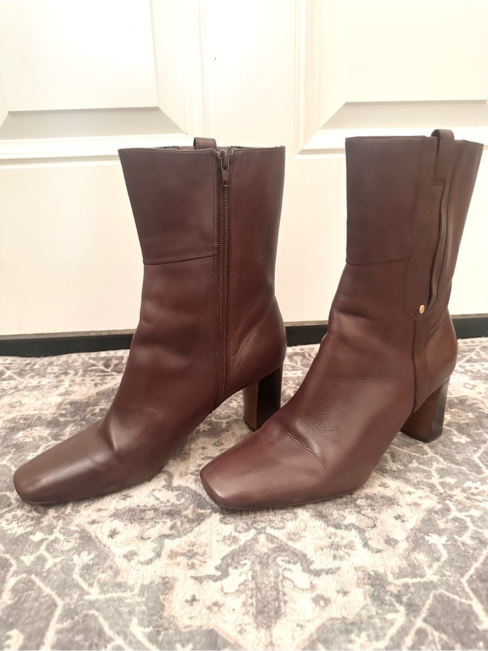Vintage Nine West Brown Leather Square Toe Block Heel Boots 8.5 90s Y2K